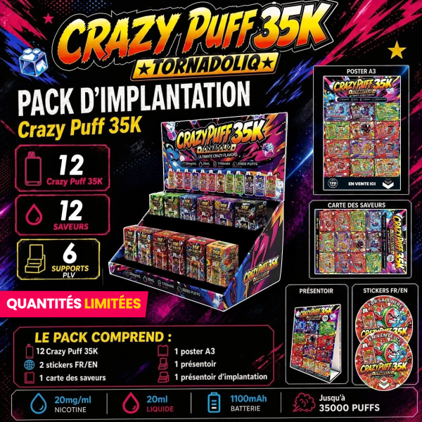 Pack d'Implantation Crazy Puff 35K (12pcs) 1100mAh 20ml / 2% - Tornadoliq